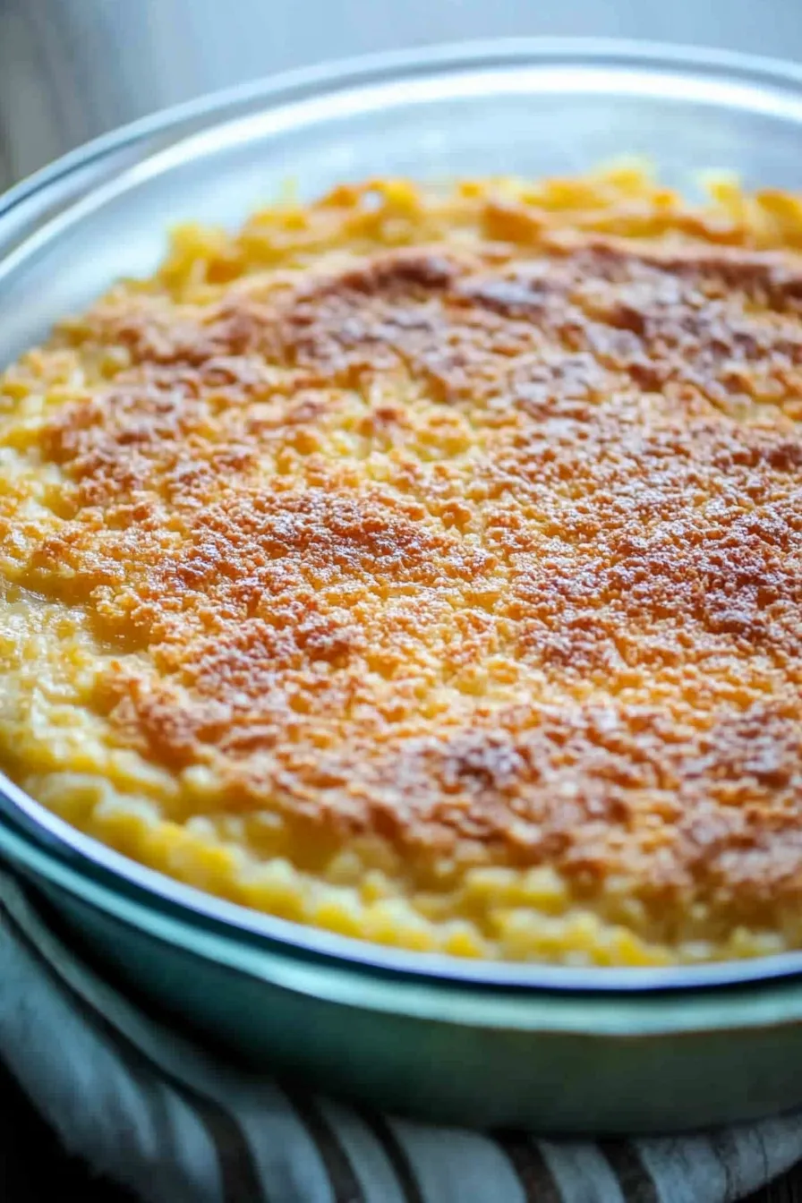 Freshly baked corn pudding showing its golden crust.