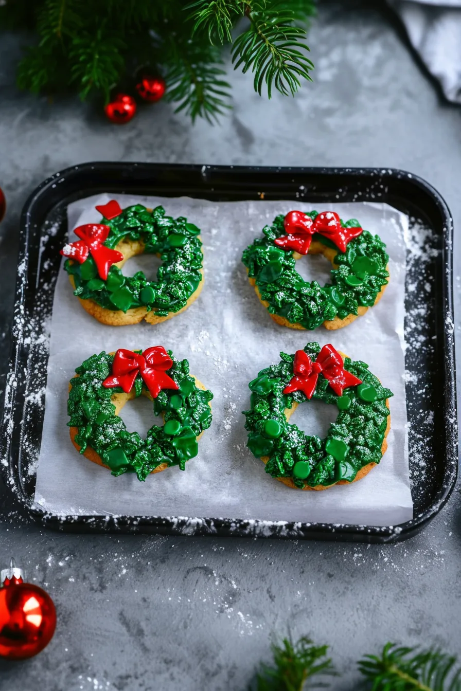 Four green wreath-shaped cookies decorated with red bows on a tray.