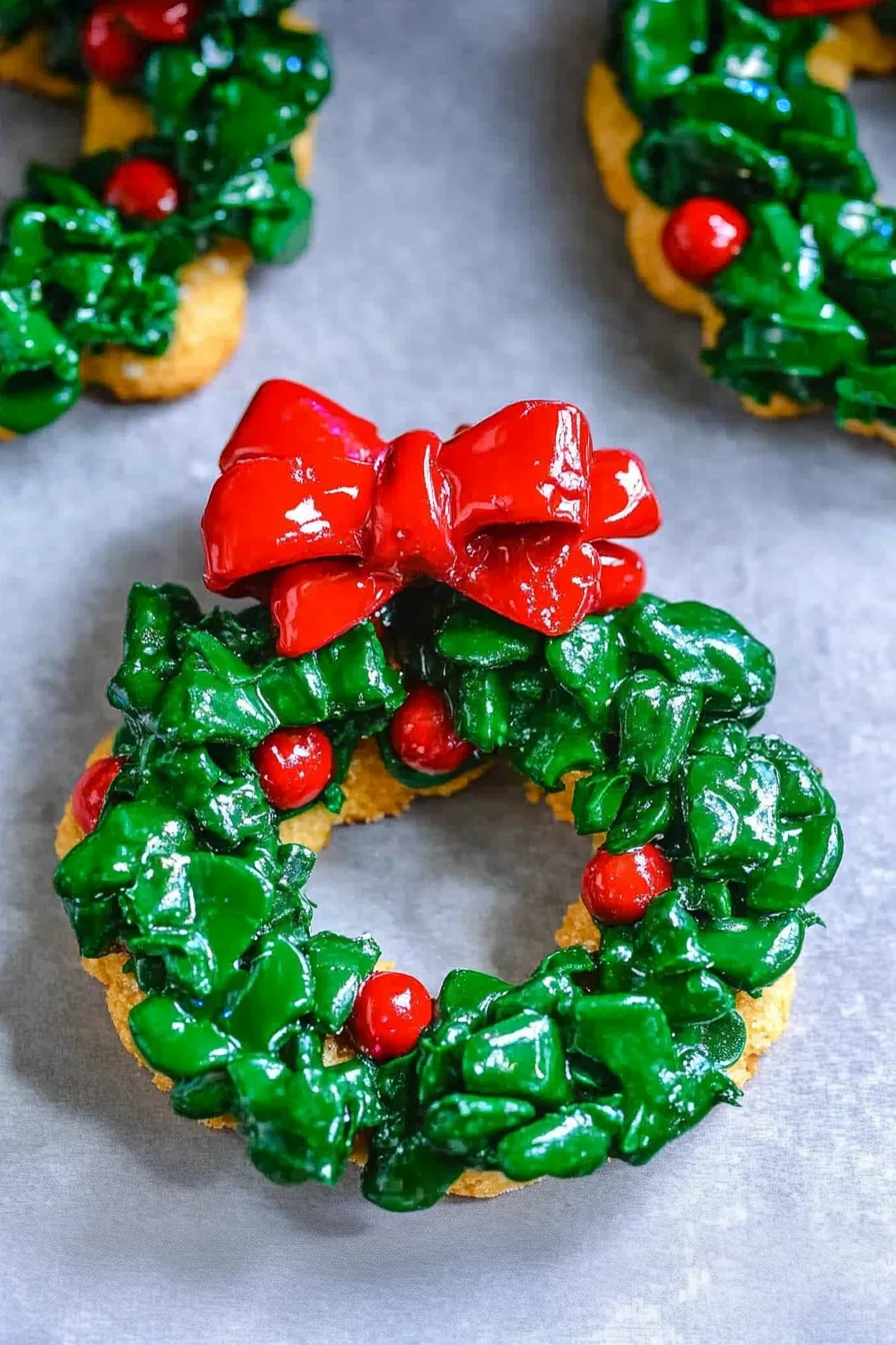 Golden cookies topped with green coating and red candy bows in a wreath design.