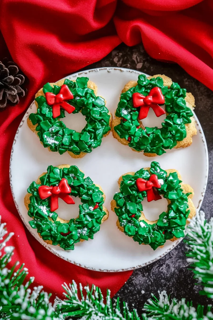 Festive wreath cookies arranged on a plate with a red cloth background.