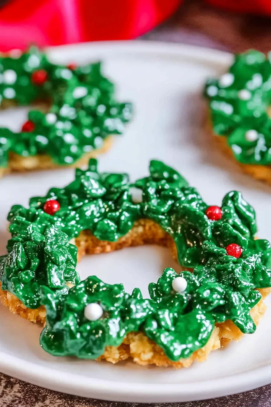 Close-up of holiday cookies designed to look like Christmas wreaths with sprinkles.
