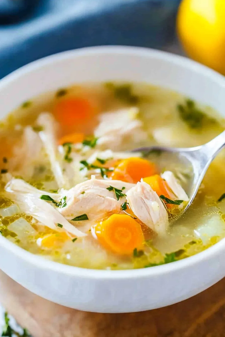 Comforting homemade soup with chunks of chicken and vegetables in golden broth.