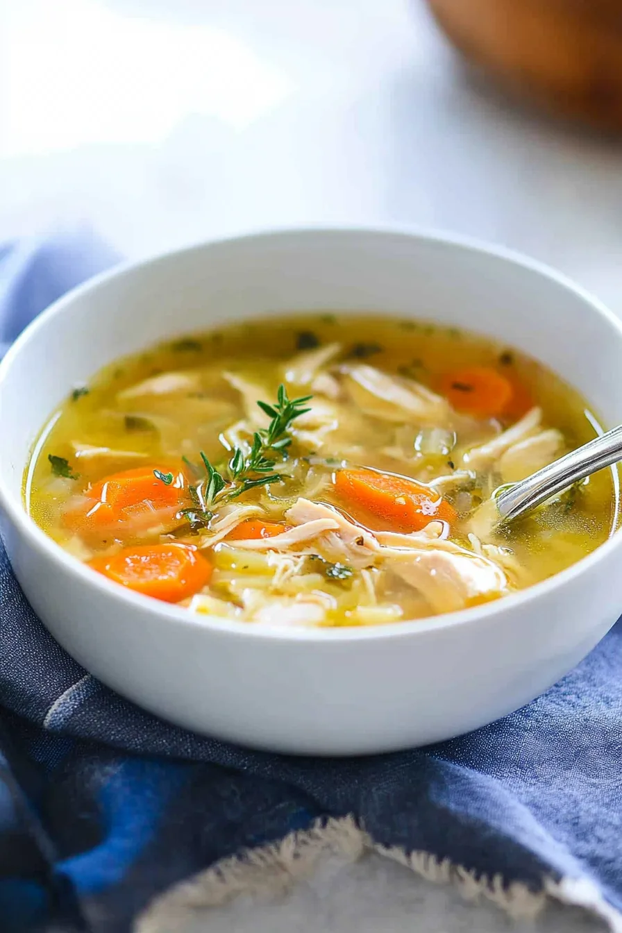 Rustic table setting with a hearty bowl of chicken soup and fresh herbs sprinkled on top.