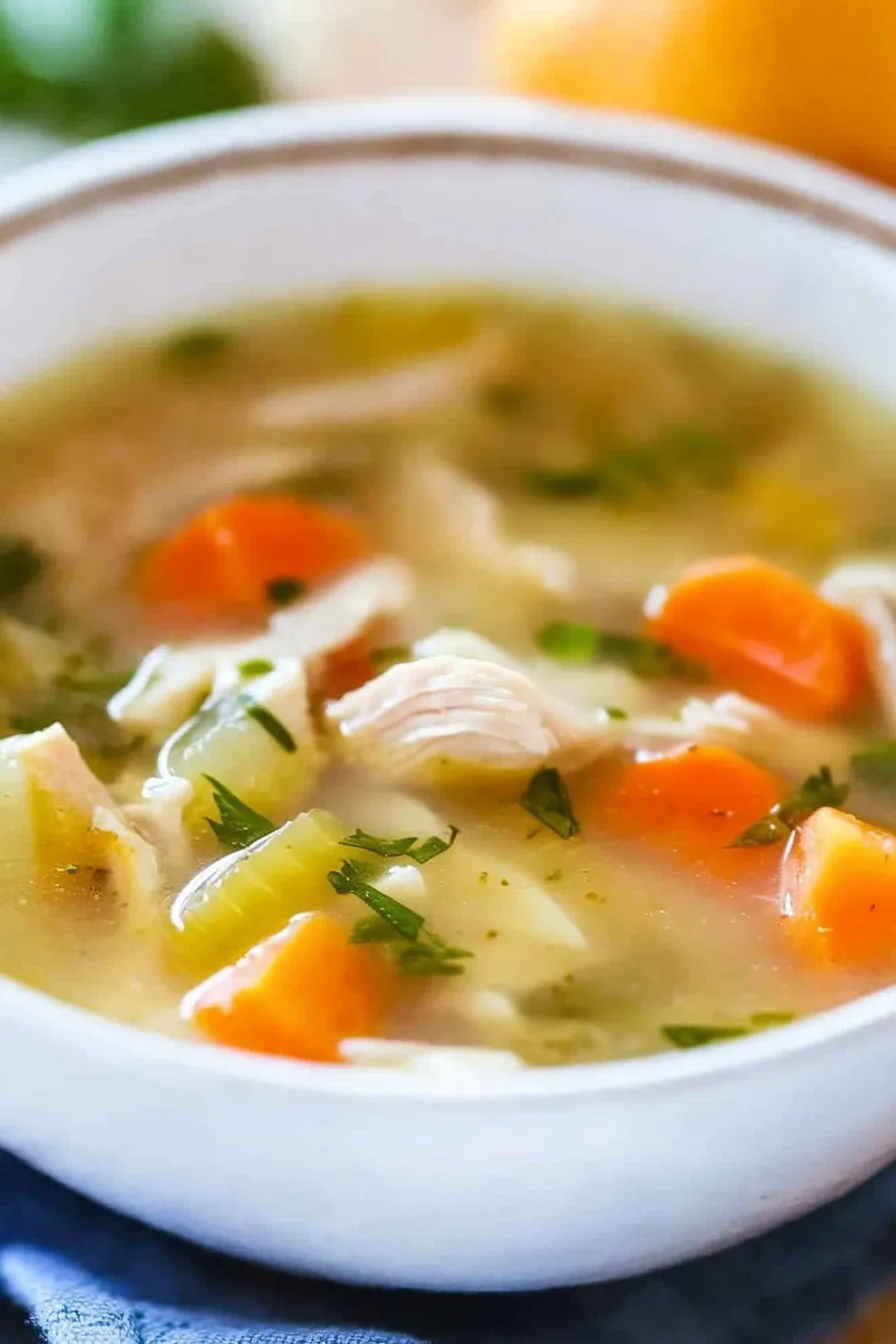 Close-up of comforting chicken soup in a white bowl, steam rising from the golden broth.