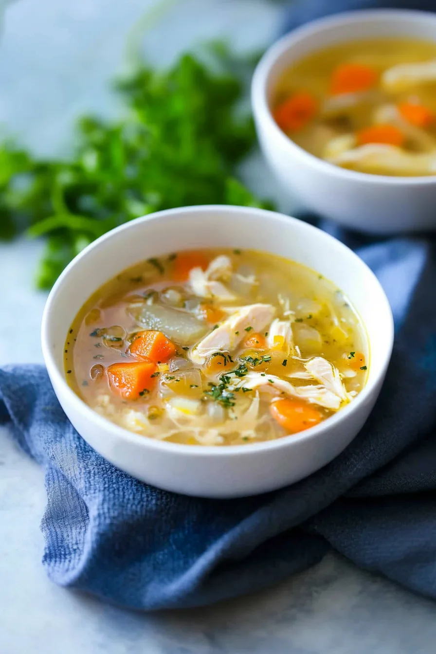 Delicious homemade soup filled with carrots, noodles, and chicken pieces in a rich, soothing broth.