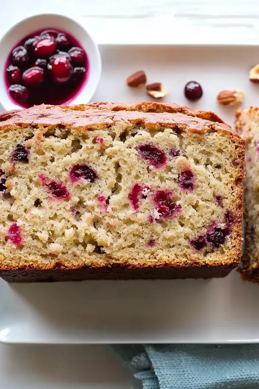Close-up of a golden quick bread topped with cranberries and walnuts on a serving plate.