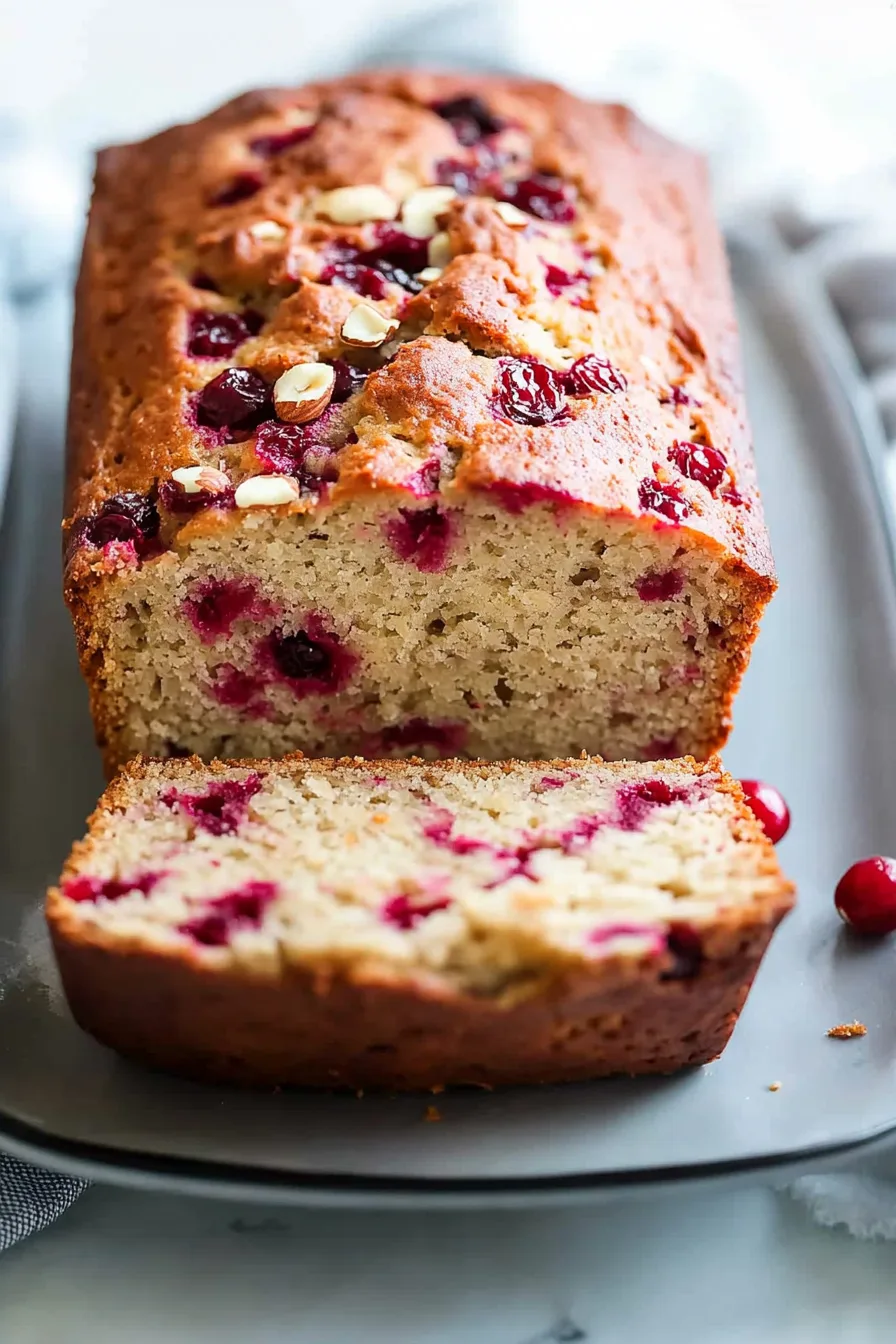 A thick slice of homemade cranberry-studded bread resting in front of the loaf.”