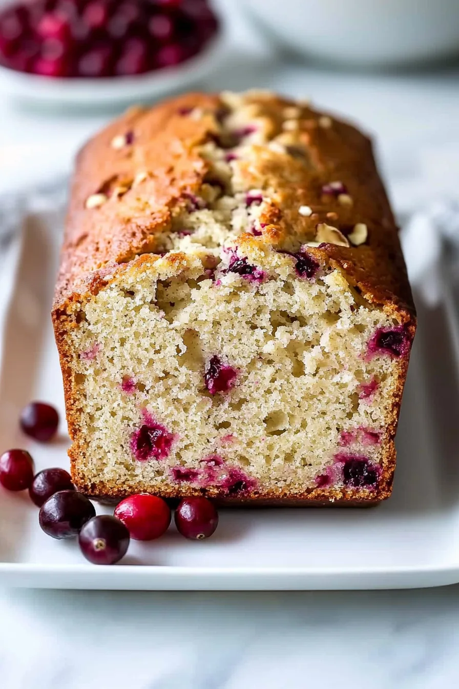 Freshly baked loaf sliced open to show bright cranberries and chopped nuts inside.