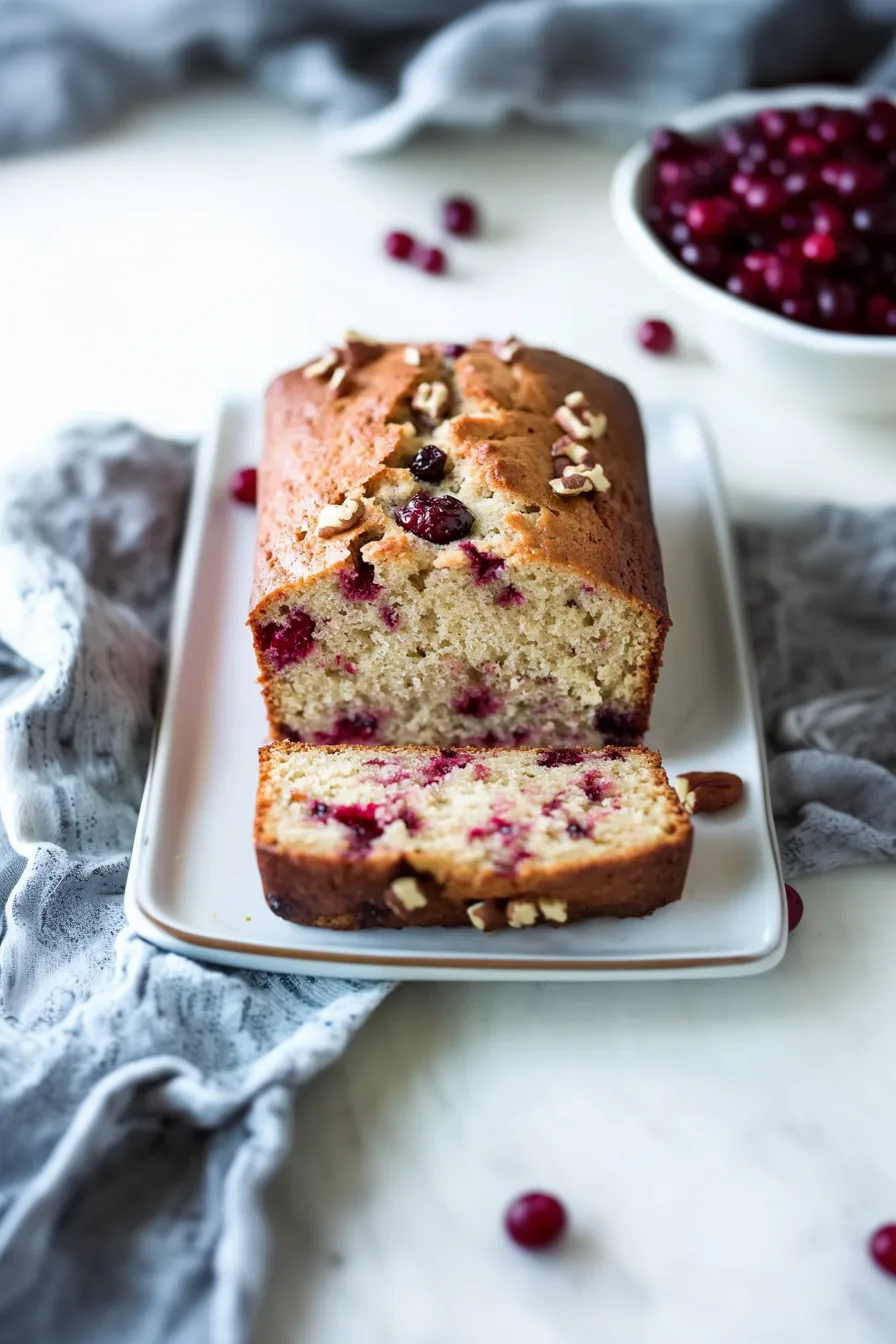 Top view of the cooled loaf, dotted with nuts and cranberries, ready to serve.