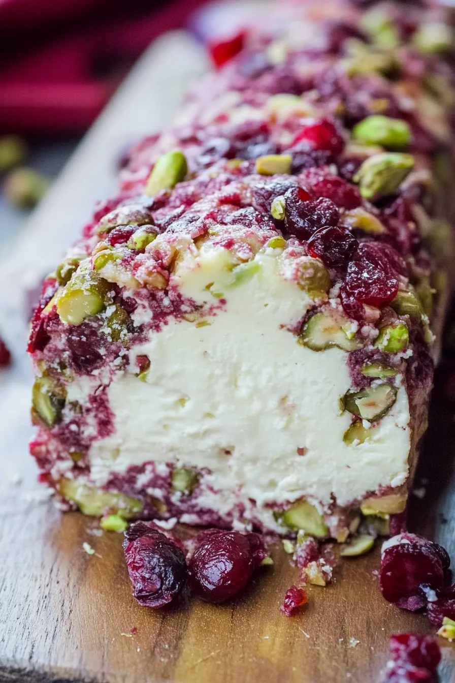 Close-up of a festive cheese appetizer with nuts and dried fruit.