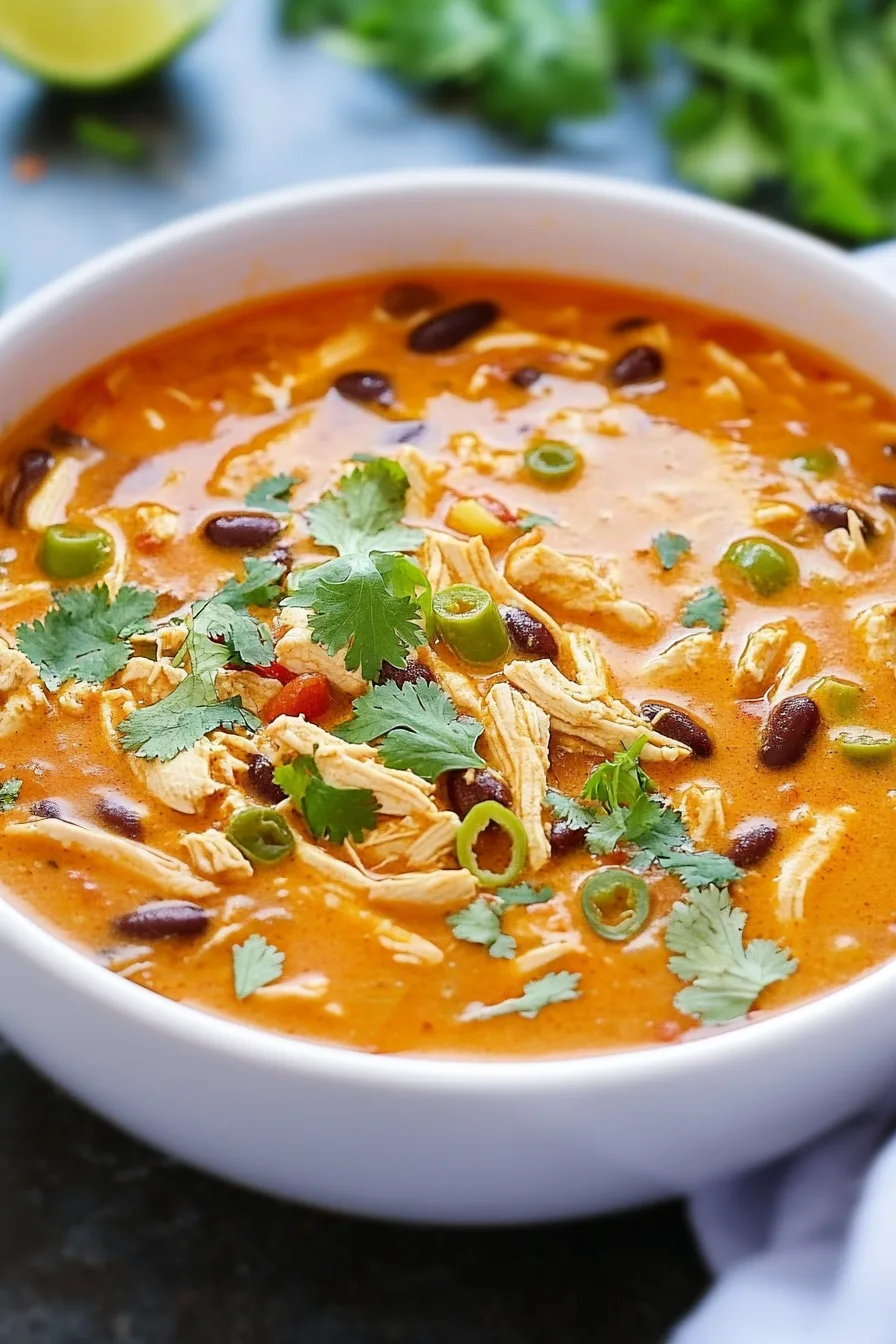 Warm and comforting soup garnished with fresh cilantro and green peppers in a white bowl.