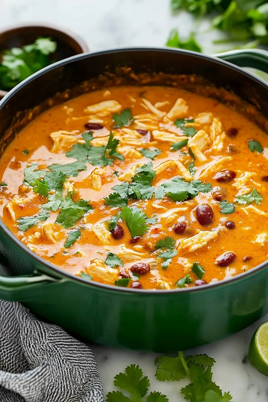 A hearty bowl of creamy chicken soup topped with beans, cilantro, and sliced green chilies.
