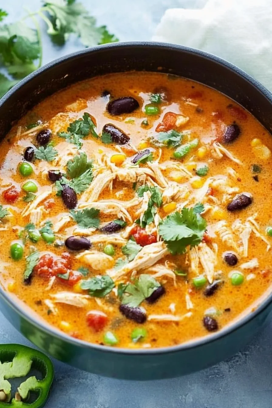 Close-up of a rich, orange-hued soup filled with shredded chicken and black beans.