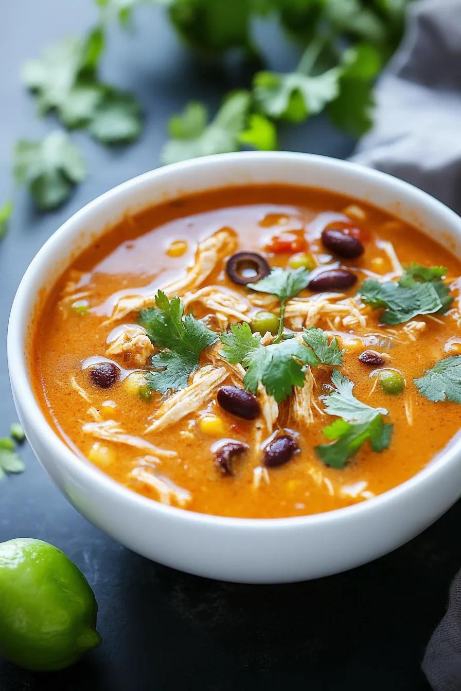 Thick, cheesy chicken soup with beans and herbs, ready to serve.