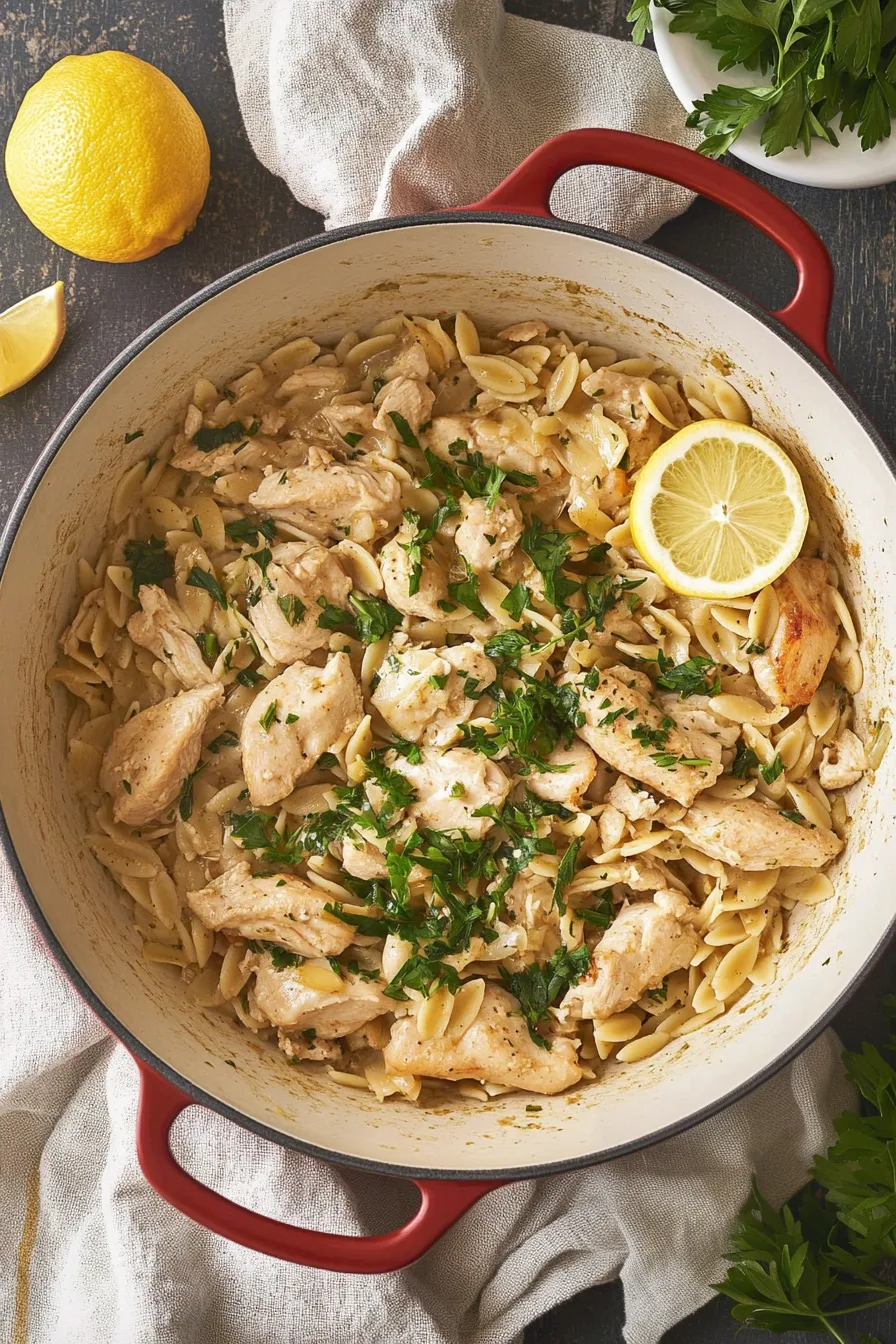 Bowl of tender chicken and orzo pasta mixed with herbs and a light, creamy sauce.