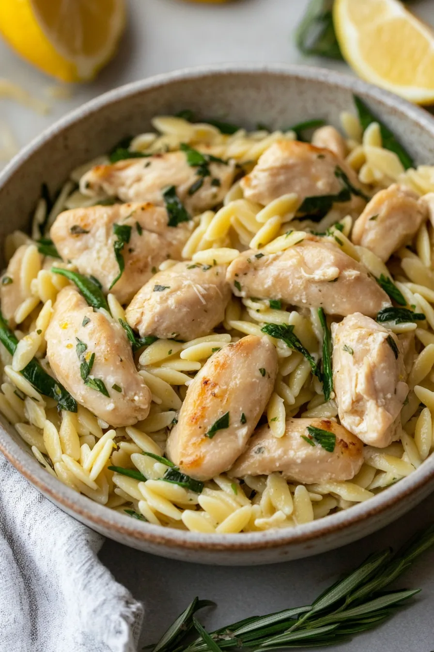 Close-up of golden chicken pieces tossed with orzo and fresh greens.