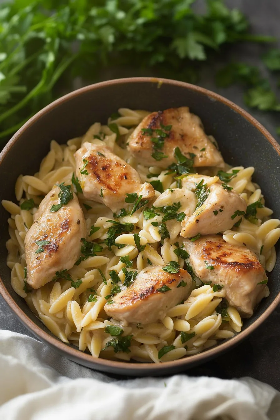 Warm orzo pasta topped with juicy chicken and sprinkled with herbs.