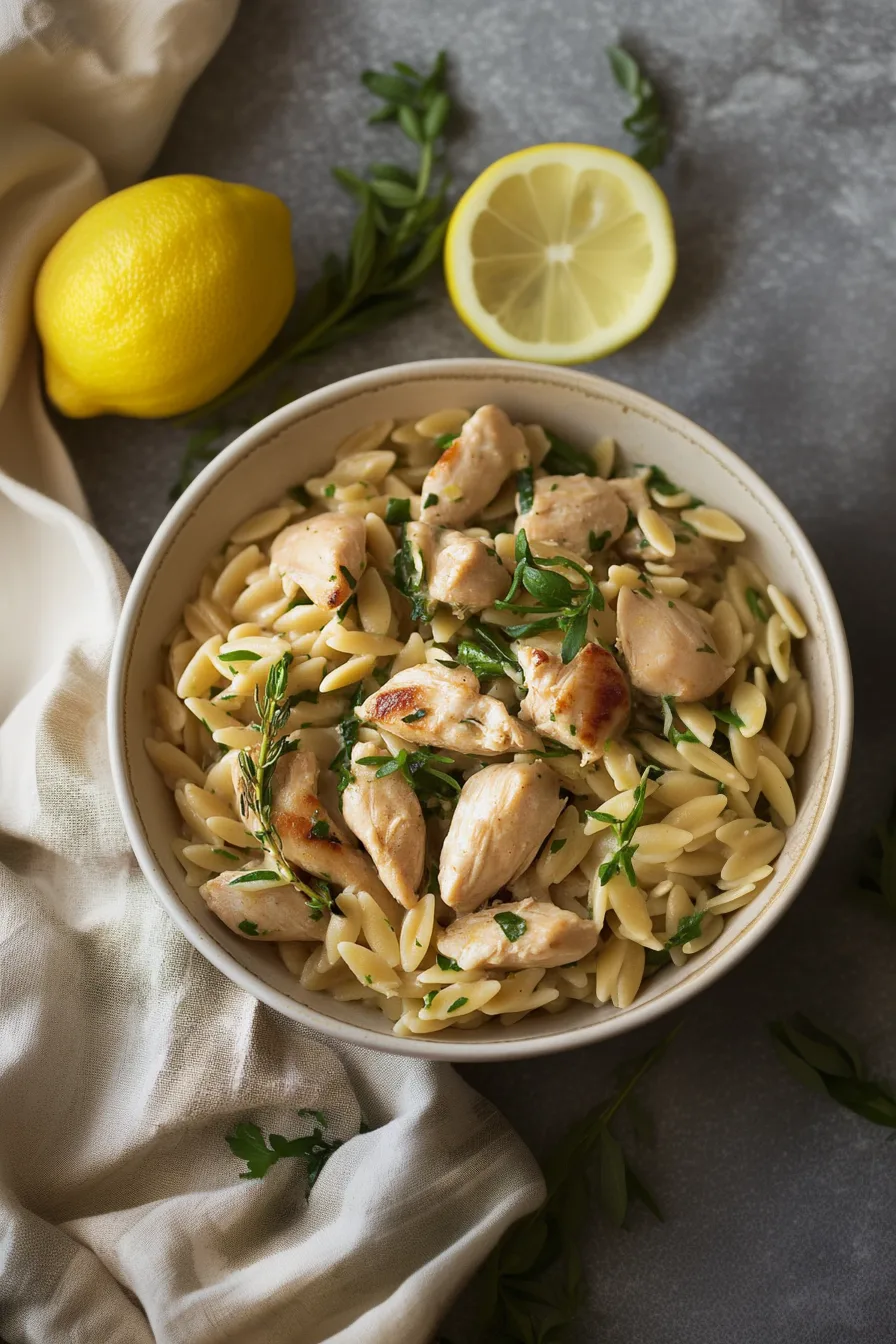 Creamy chicken and pasta meal served with fresh lemon wedges on the side.