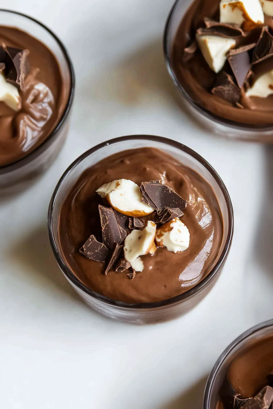 Thick, smooth chocolate mousse garnished with mixed chocolate chunks.