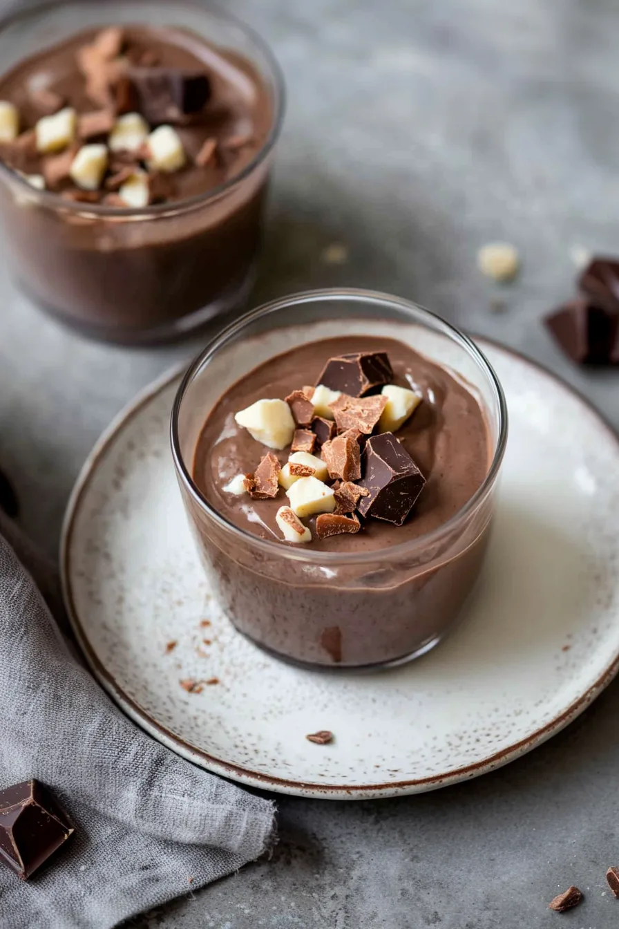 Glass cup filled with silky chocolate mousse topped with white and dark chocolate pieces.