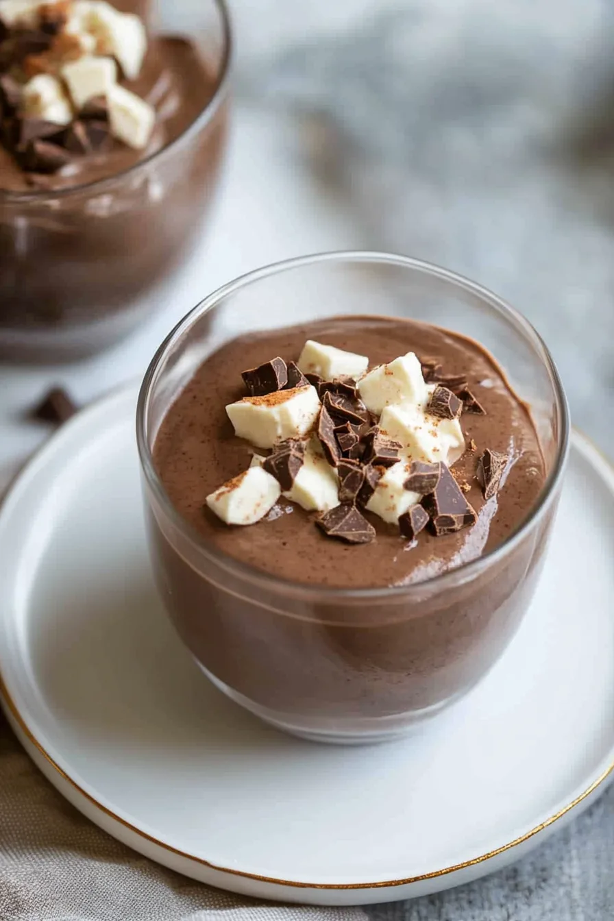 Velvety chocolate mousse portion sitting on a white plate, ready to enjoy.