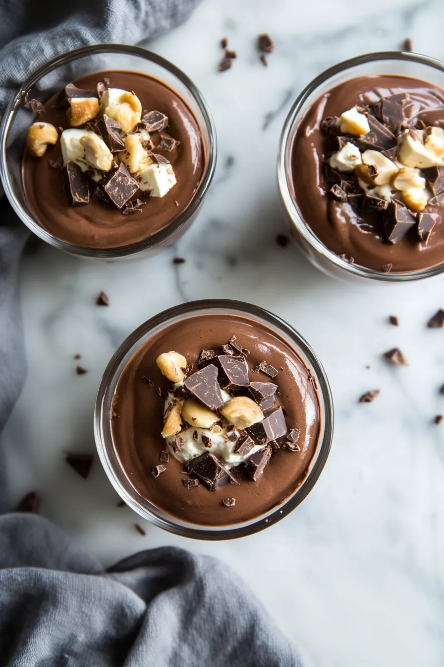 Creamy chocolate dessert served in a clear dish with chopped chocolate on top.