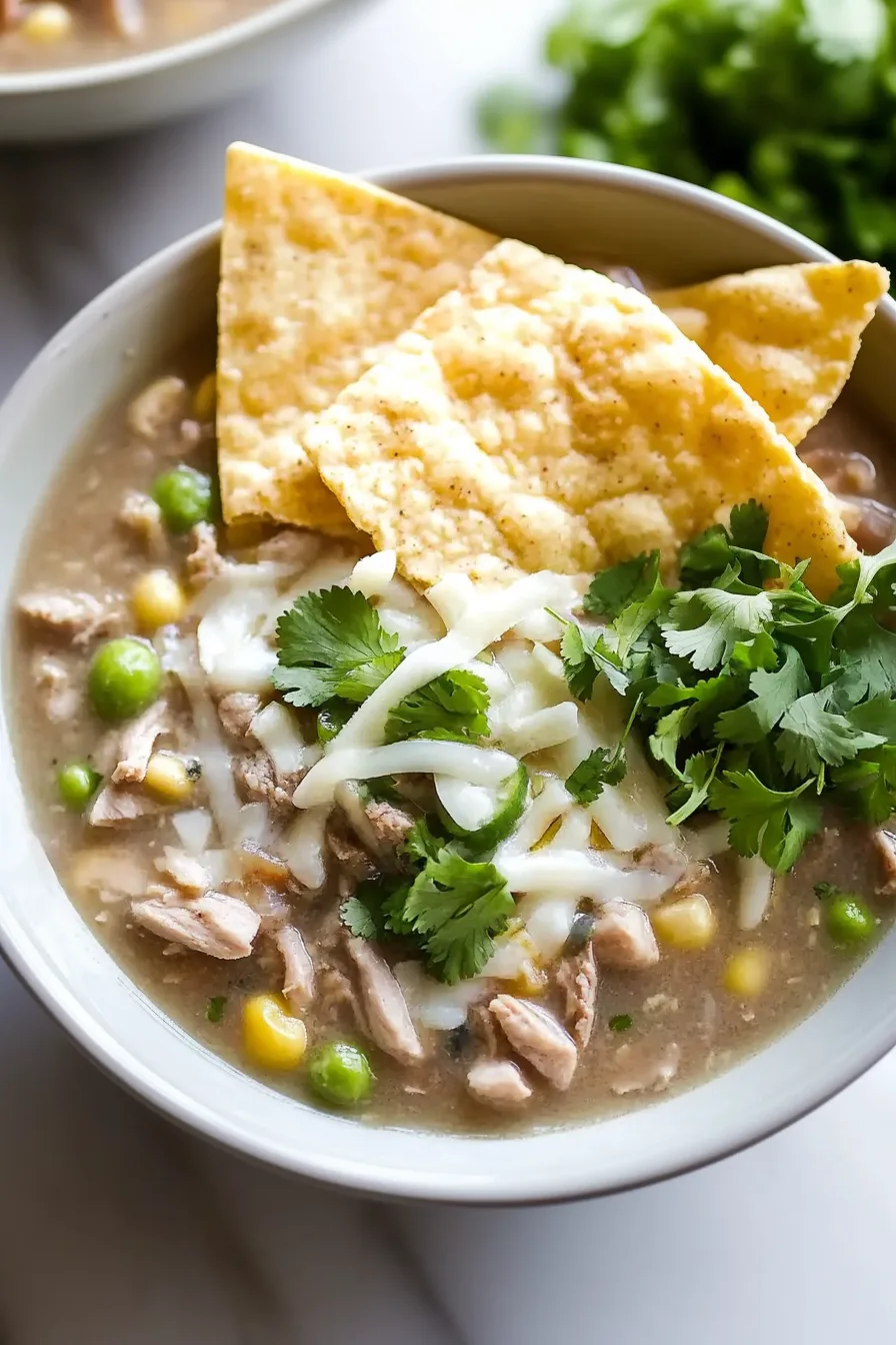 A warm bowl of creamy chili topped with shredded cheese, cilantro, and tortilla chips.