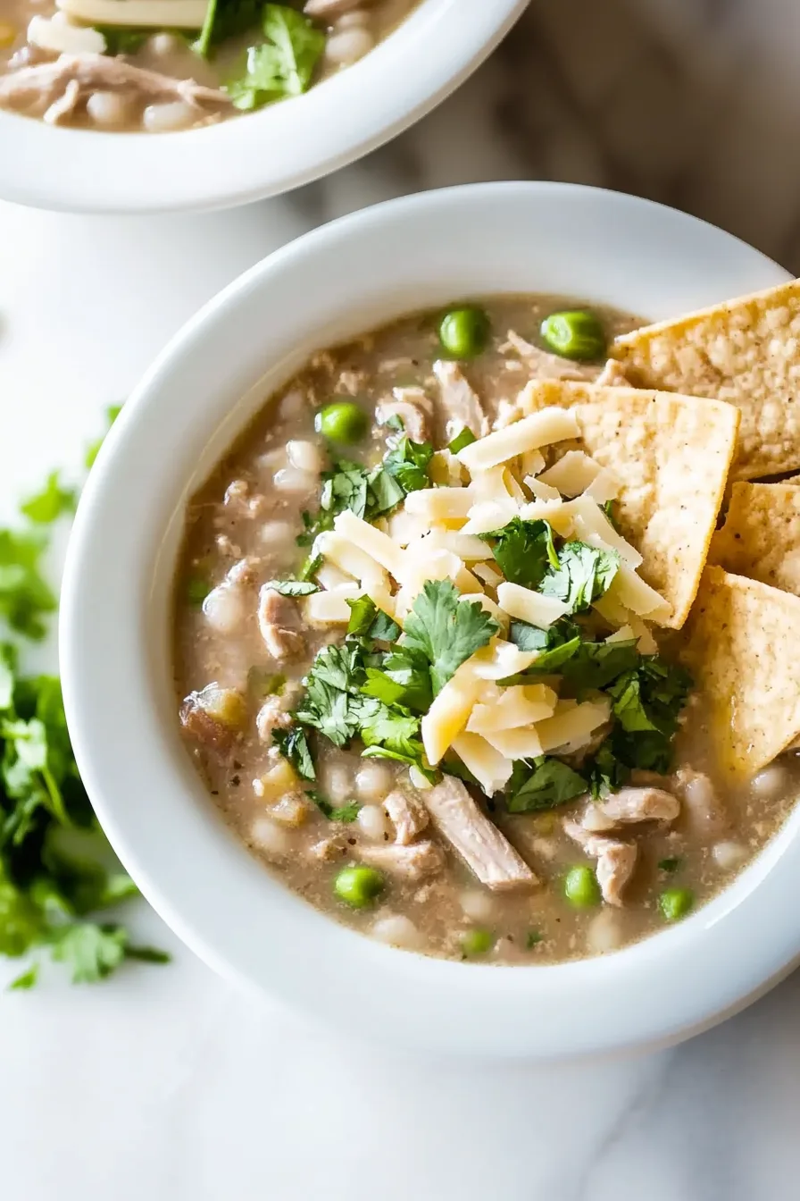 Bowl of thick, creamy chili topped with shredded cheese, cilantro, and tortilla chips.