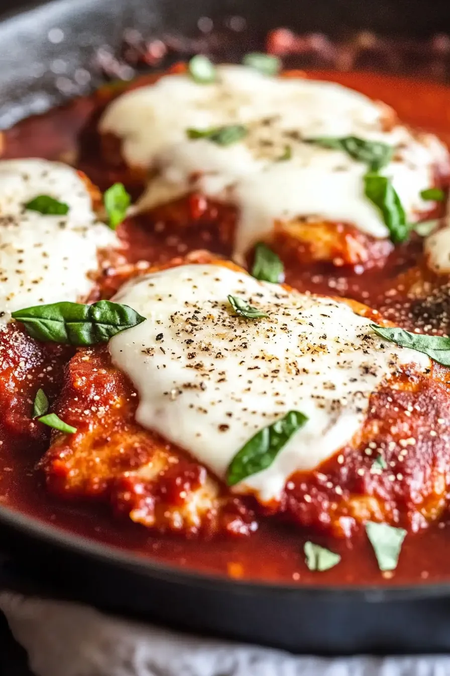 Close-up of crispy chicken coated in marinara and cheese, ready to serve straight from the skillet.