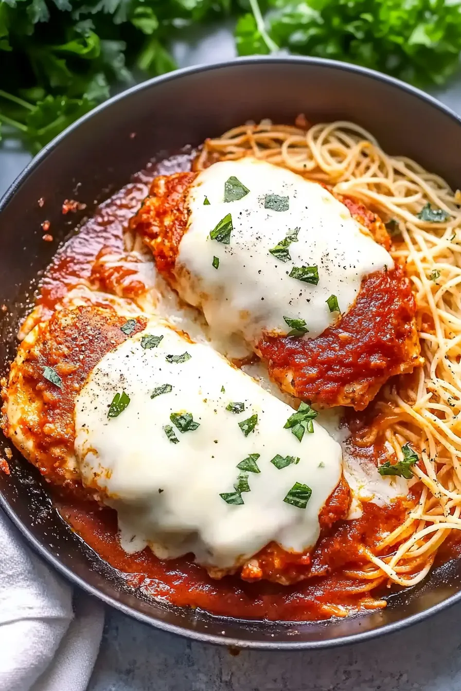 Golden brown chicken breasts topped with melted mozzarella and fresh basil in a rich tomato sauce.