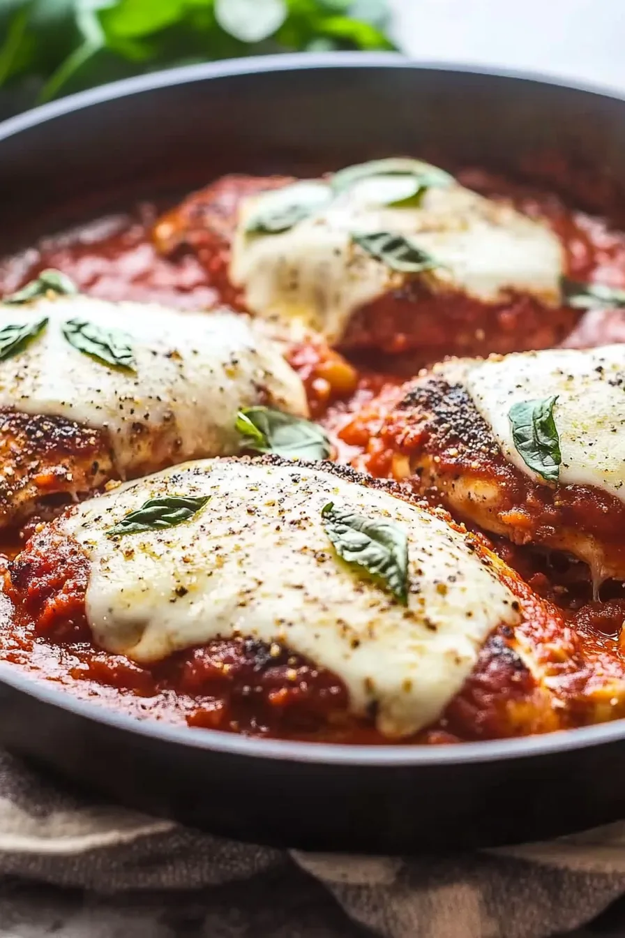 Cheesy, oven-baked chicken resting in a pan of thick, flavorful tomato sauce.