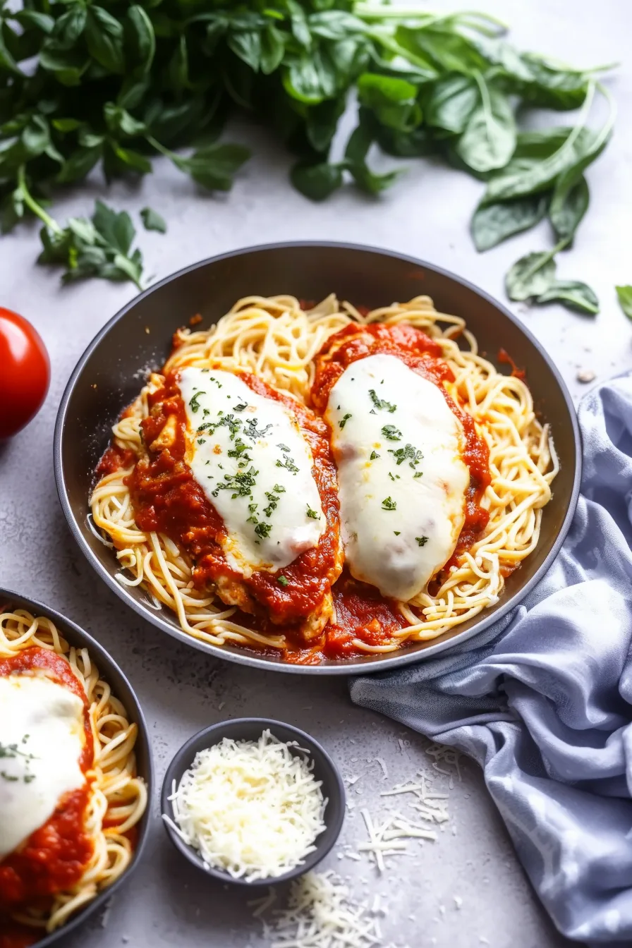 Skillet filled with perfectly browned chicken topped with gooey melted cheese and herbs
