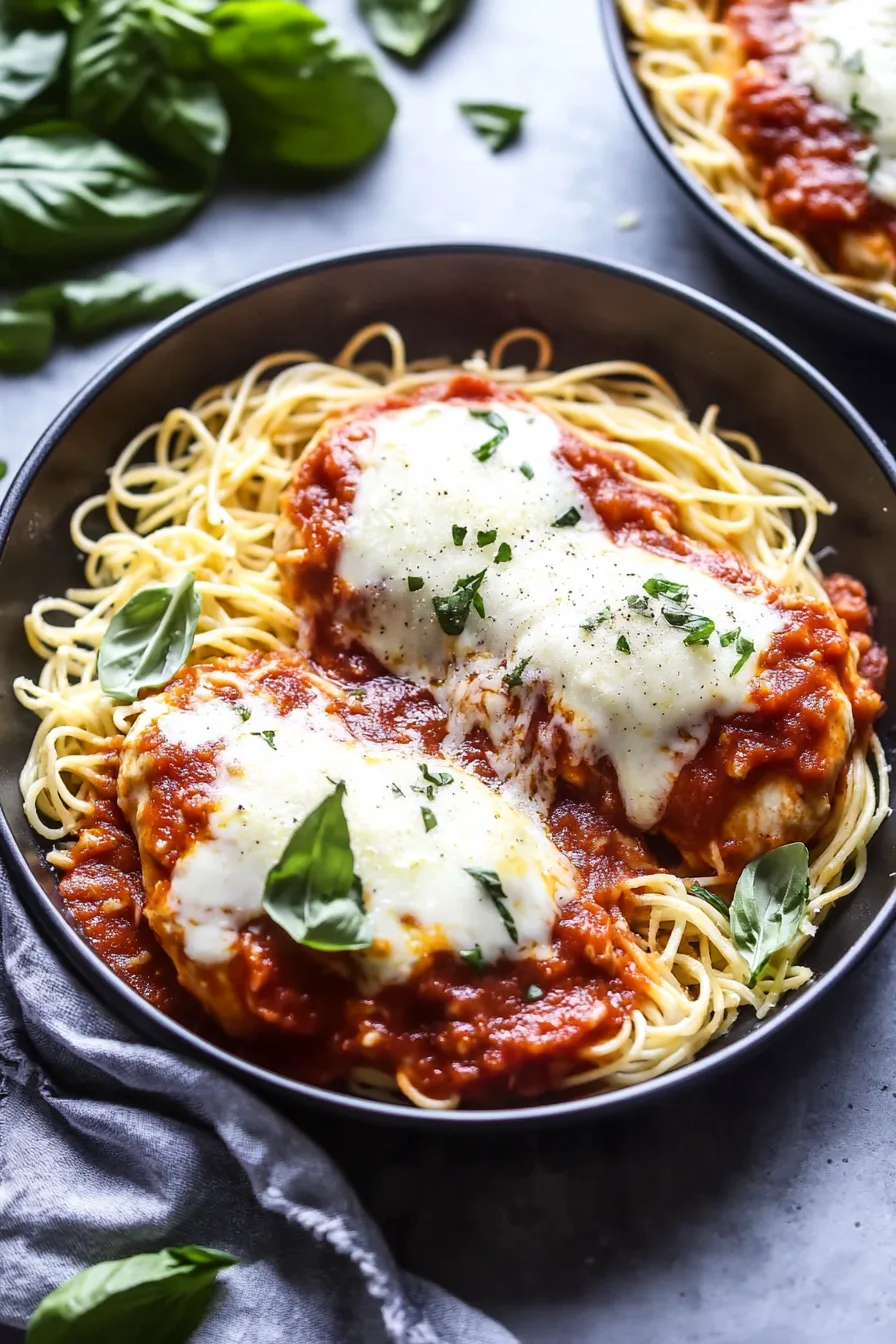 Juicy, breaded chicken with marinara and mozzarella, garnished with basil leaves.