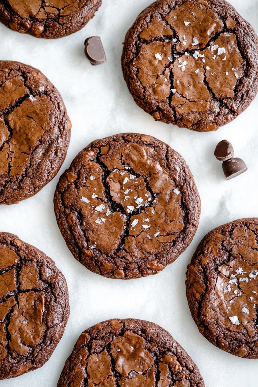 Freshly baked brownie cookies with shiny, crackled tops on parchment paper.
