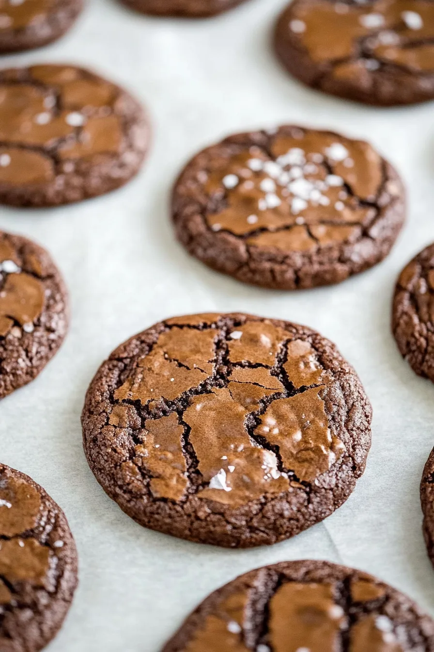 A batch of homemade chocolate cookies sprinkled with sea salt flakes.