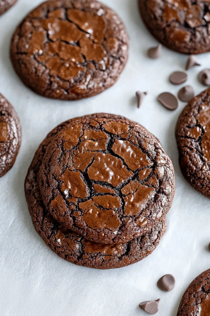 Stack of rich, fudgy brownie cookies showing their soft texture inside.