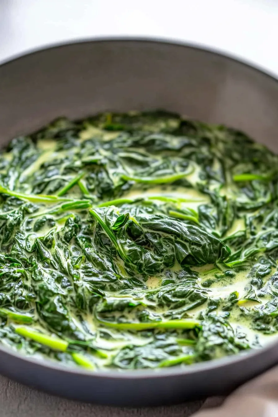 Close-up of tender spinach leaves in a creamy mixture.