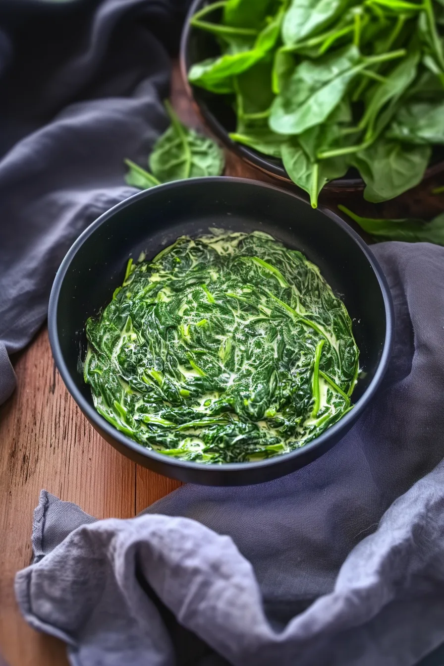 Freshly made creamy spinach served in a pan, ready to enjoy.”