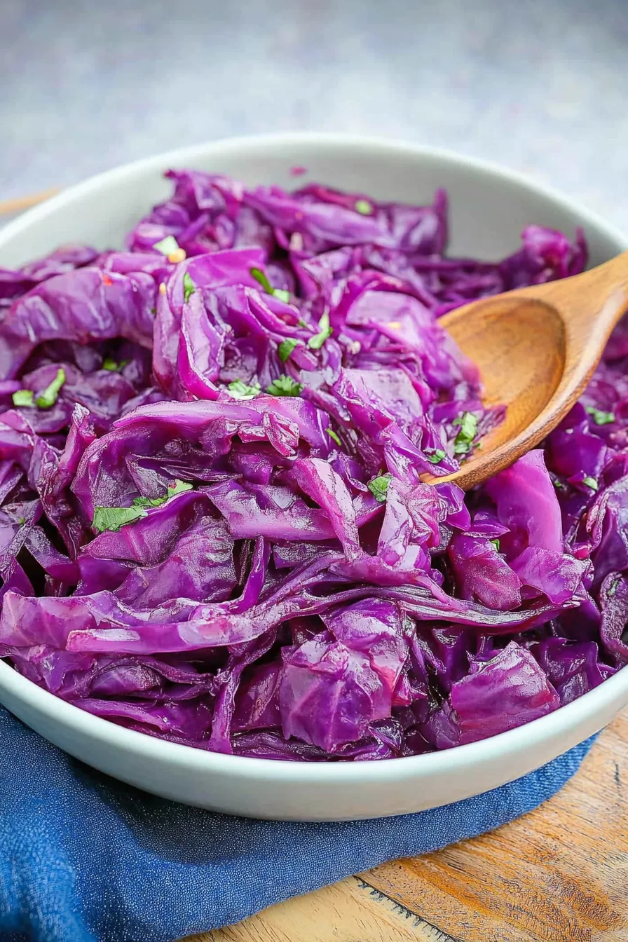 Close-up of glossy cooked red cabbage with a wooden spoon.