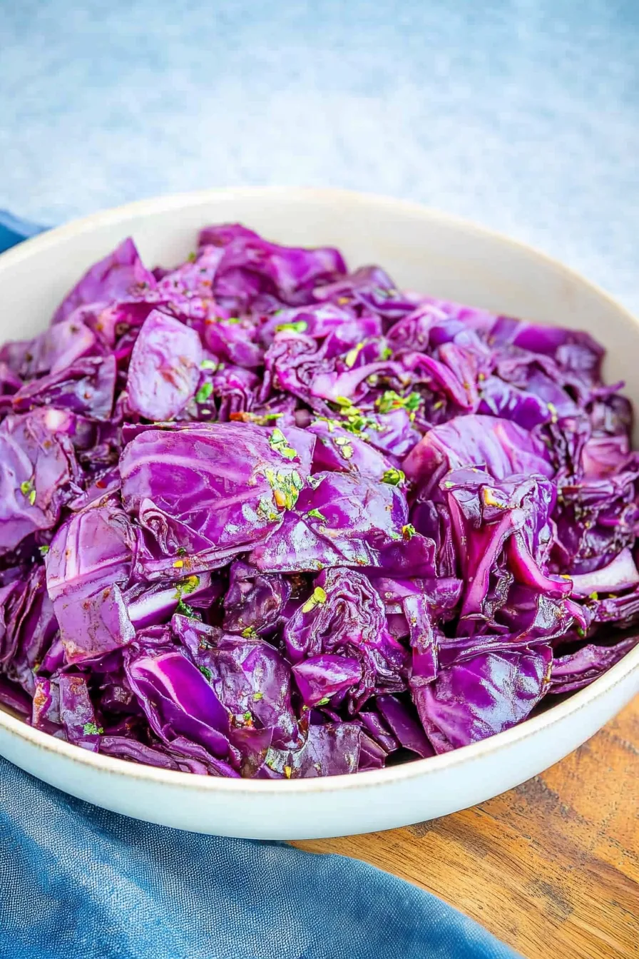 Bowl of tender braised red cabbage garnished with fresh herbs.