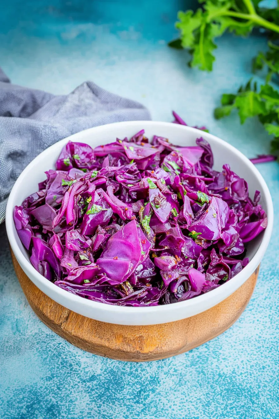 Warm, vibrant purple cabbage side dish served in a white bowl.