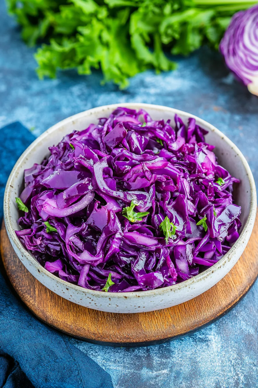 Homemade braised red cabbage ready to serve on a rustic table.