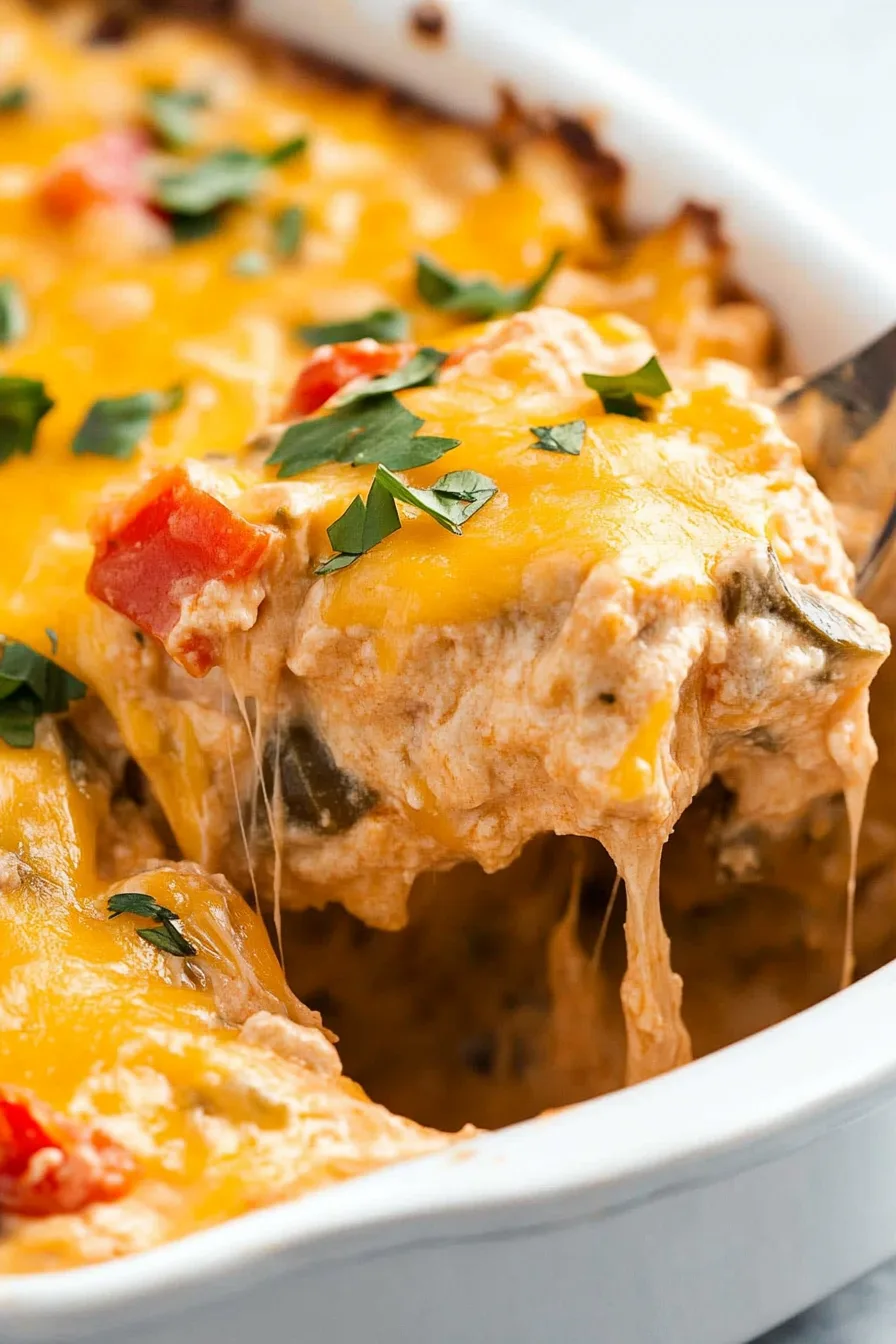 Close-up of a golden, bubbly casserole fresh out of the oven with gooey cheese and herbs.