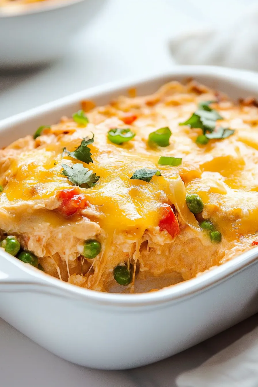 Cheesy baked chicken casserole with layers of creamy sauce, vegetables, and melted cheese on top.
