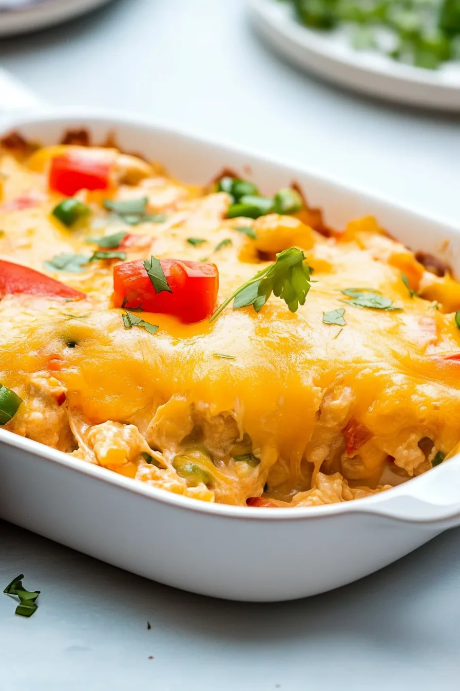 Creamy chicken and tortilla bake topped with melted cheddar and fresh cilantro.