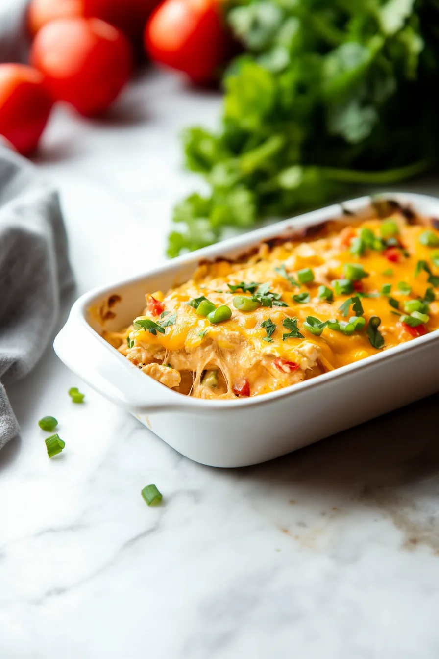 Serving of a hearty chicken casserole showing tender layers and melted cheese pull.