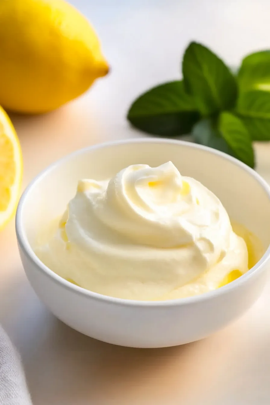 Light and fluffy lemon mousse served in a small white bowl with lemon zest on top.