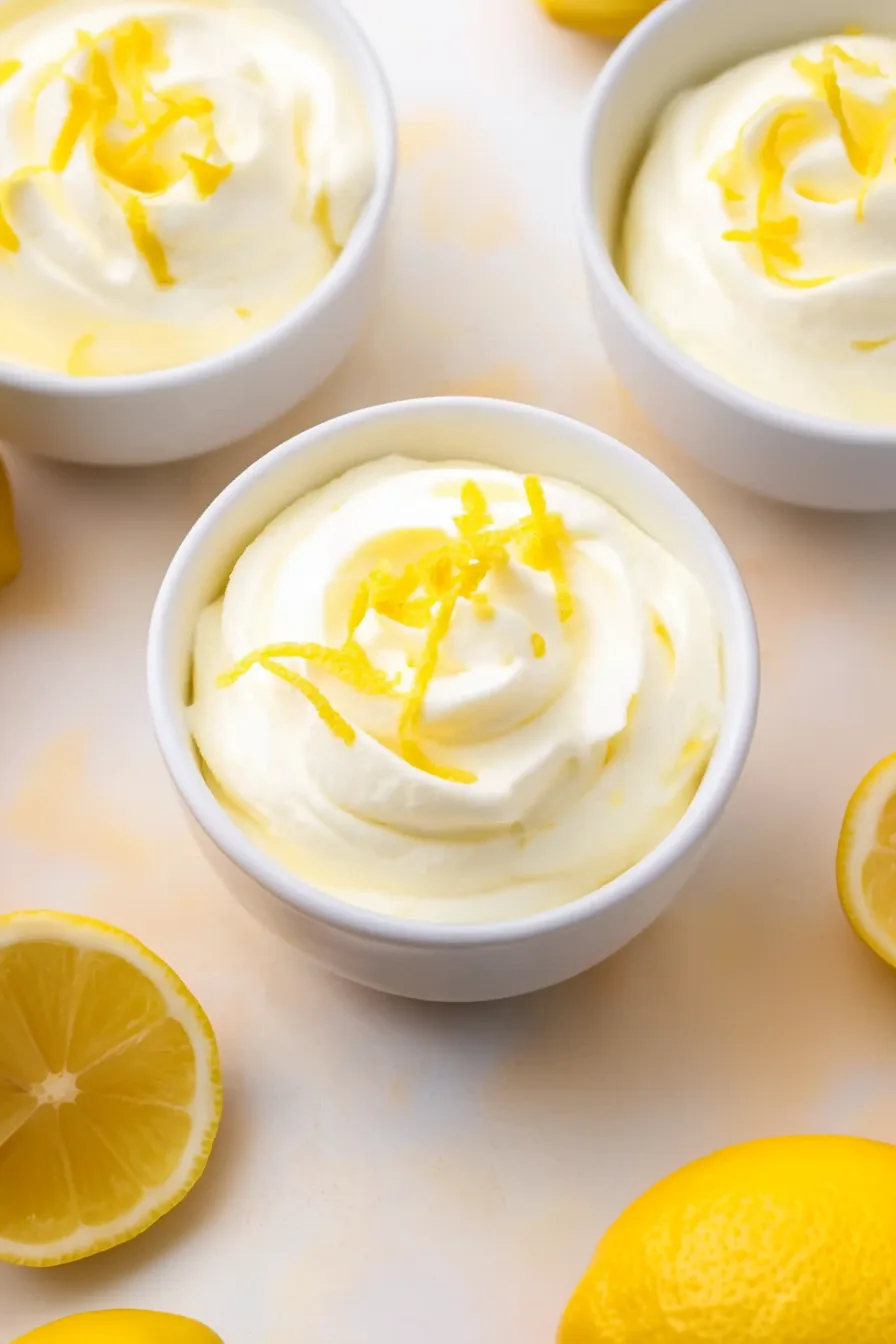Freshly made lemon mousse topped with fine lemon zest curls.