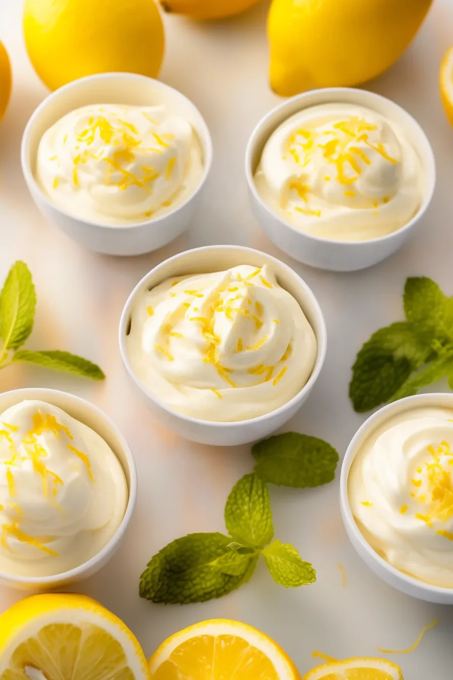 Creamy dessert with a pale yellow color and a hint of lemon garnish for freshness.