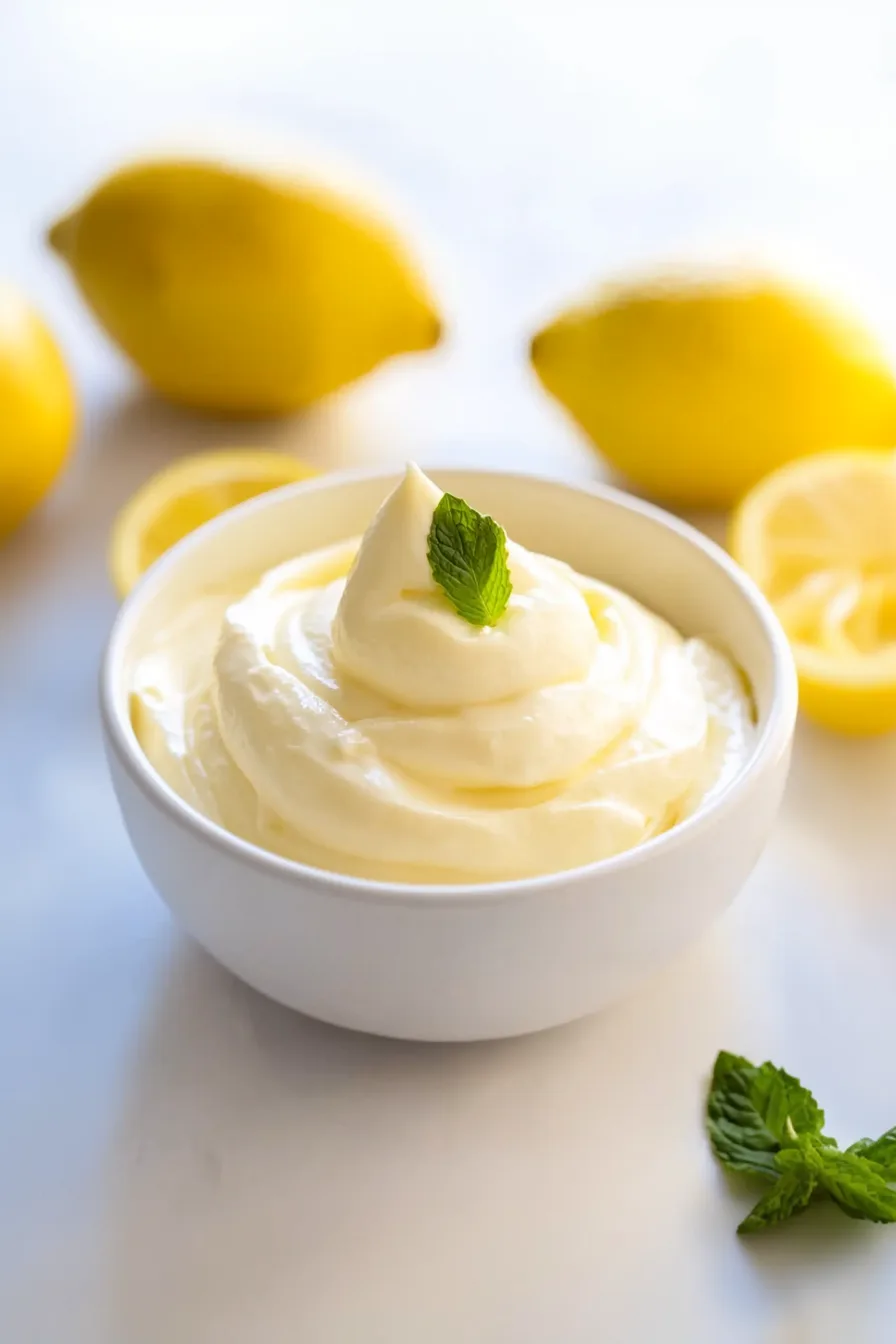 A bowl of whipped lemon dessert showing its airy, velvety consistency.